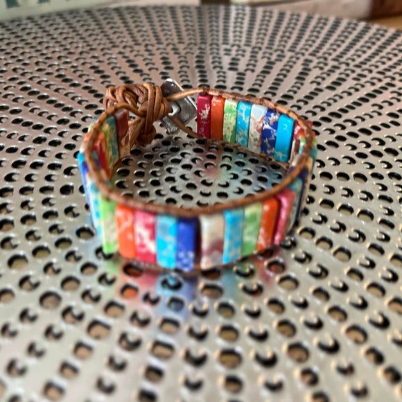 7 Chakra Bracelet Handmade Natural Stone Tube Beads Leather Wrap Women Bangle - Picture 6 of 9